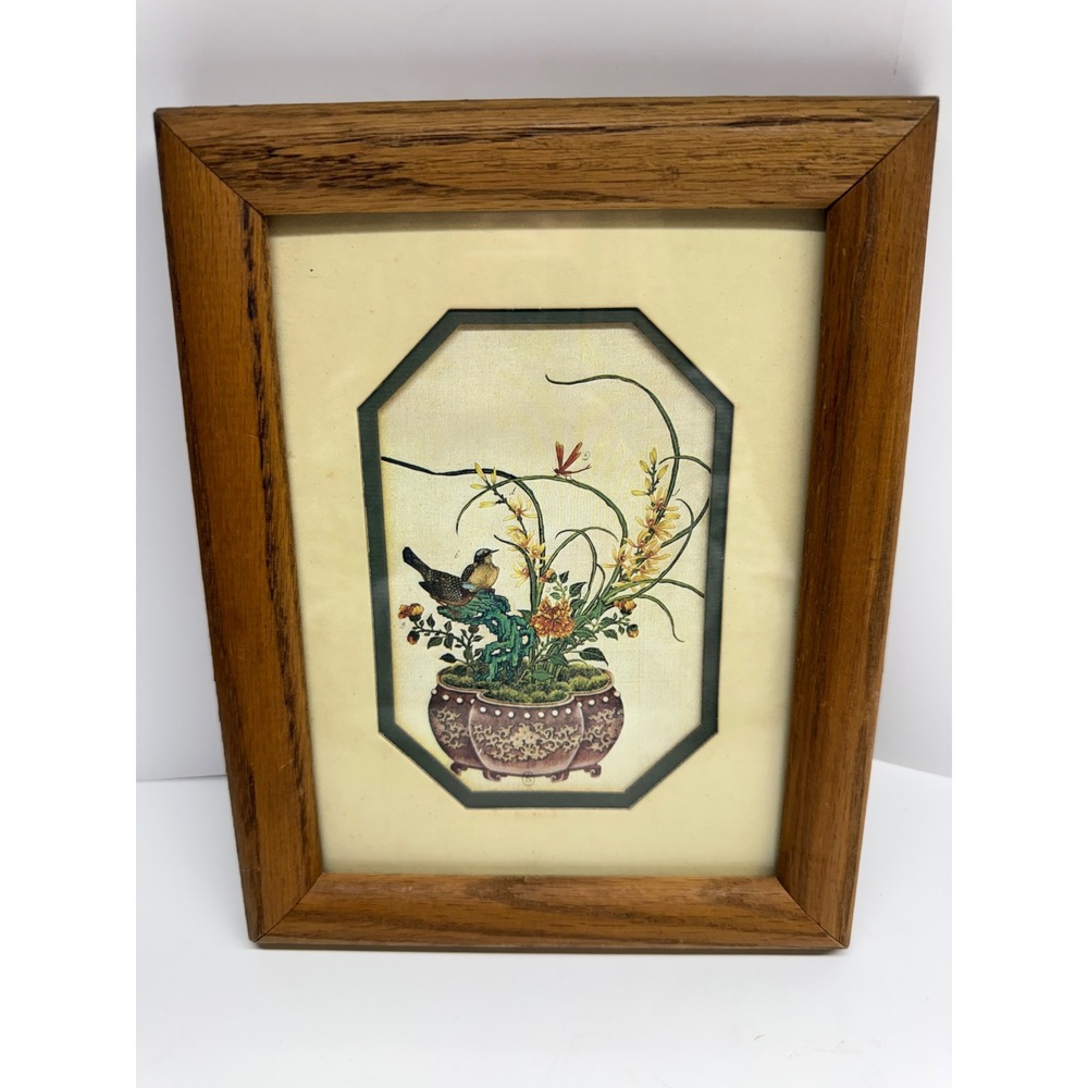 Vintage Bird and Botanical Floral Art Print in Oak Wood Frame 7.5x9.5
